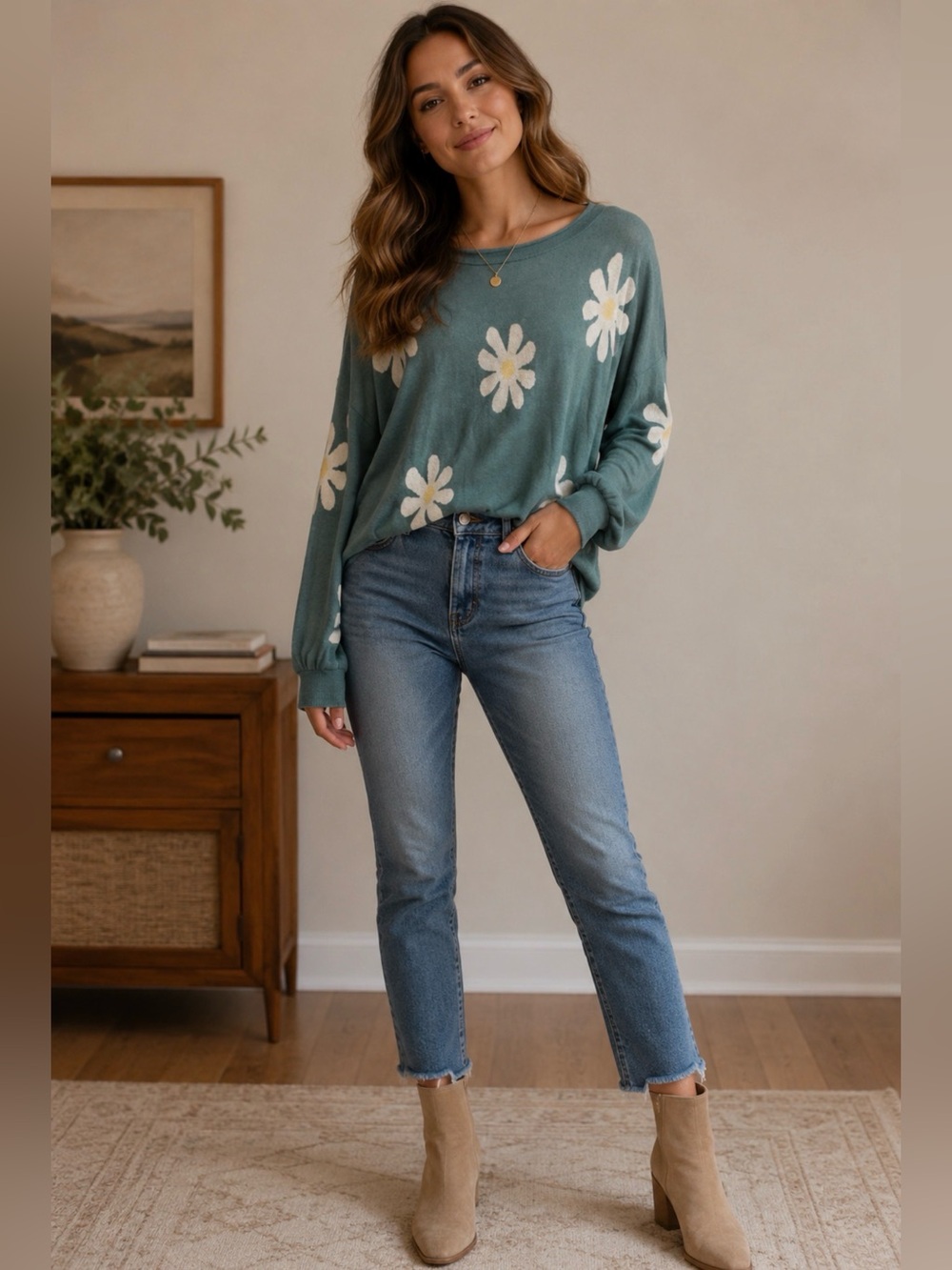 Teal Daisy Floral Lightweight Sweater NWOT